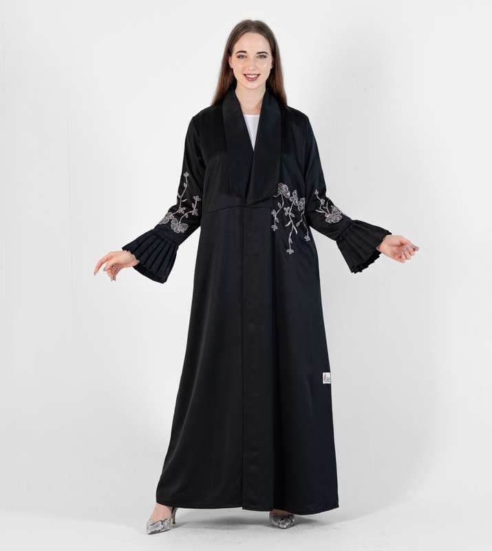 Abaya Jacket Style , Silver Flowers Embroidery , Pleated Puff Sleeves