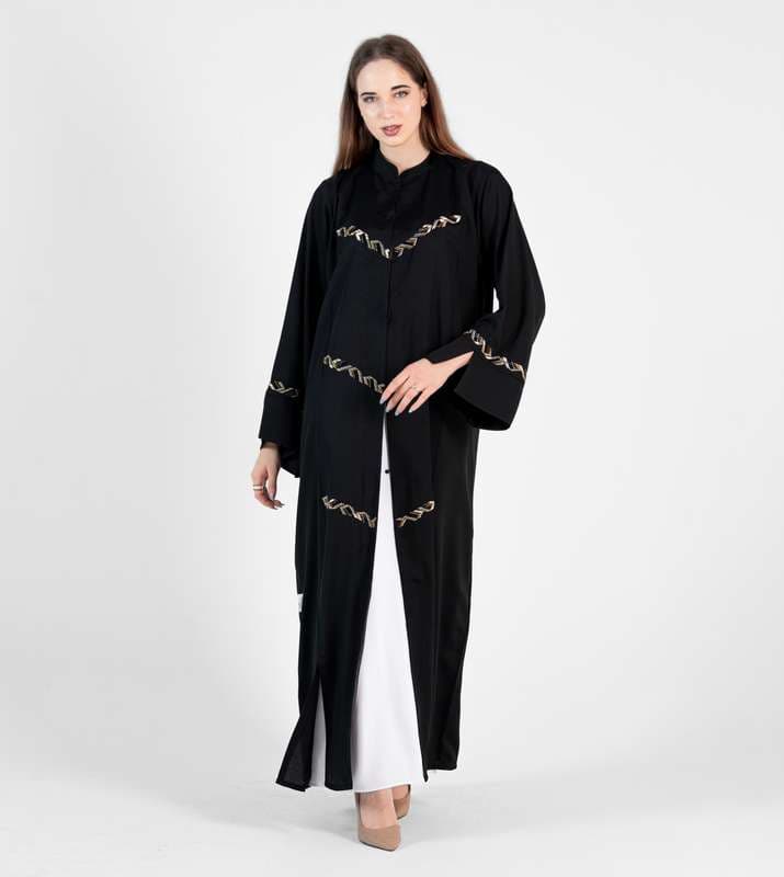 Black Abaya With Gold Nerve Design with open sides and high neck