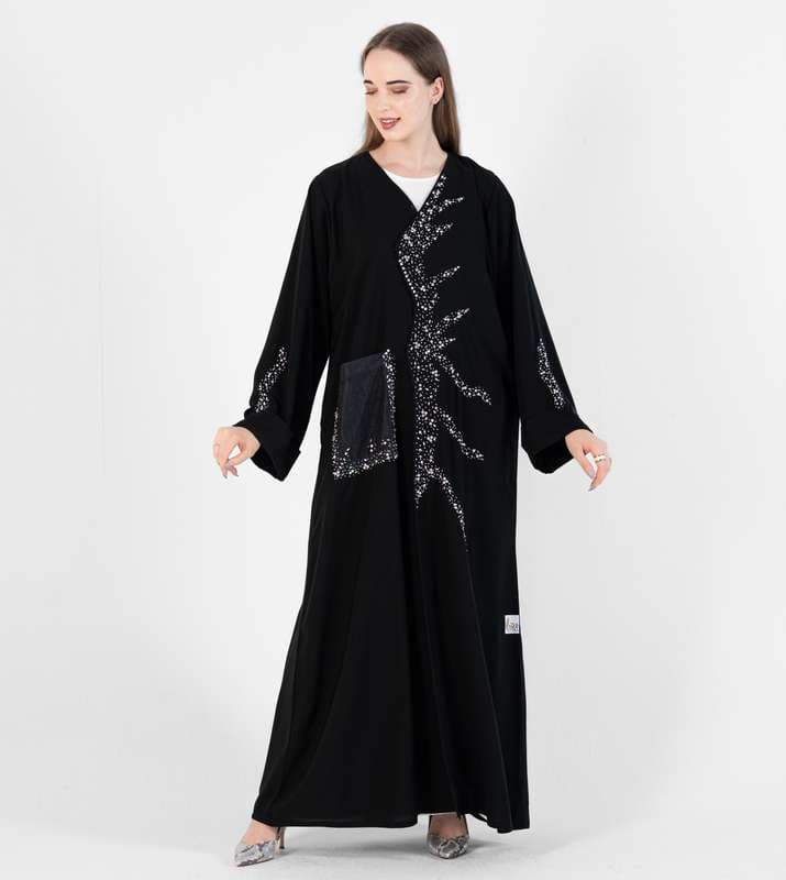 Abaya with wave style and silver hand embroidery + pocket Net Embroidery
