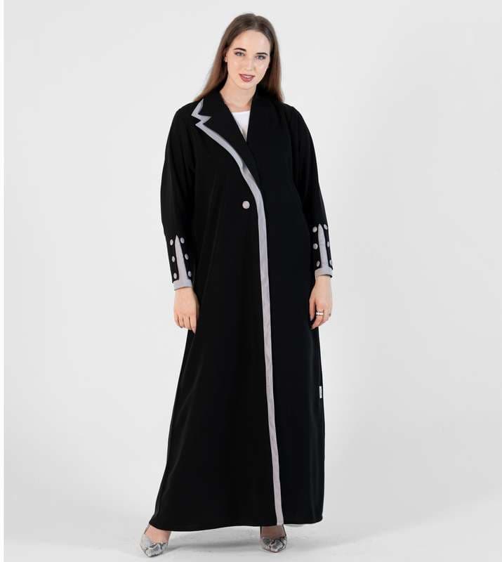 Abaya with Button style and Gray color  design on sleeves