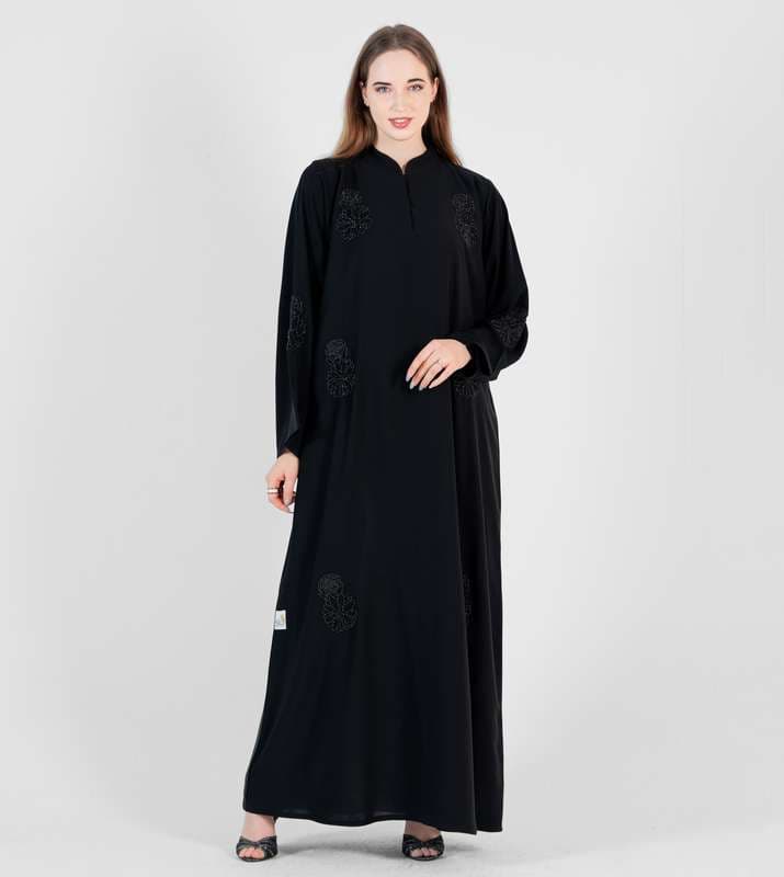 Closed abaya with High neck And flowers Black Hand Embroidery with wide sleeves