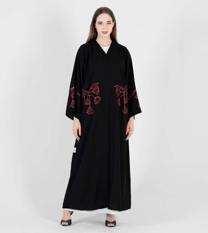 Abaya with design Red flowers stitching design