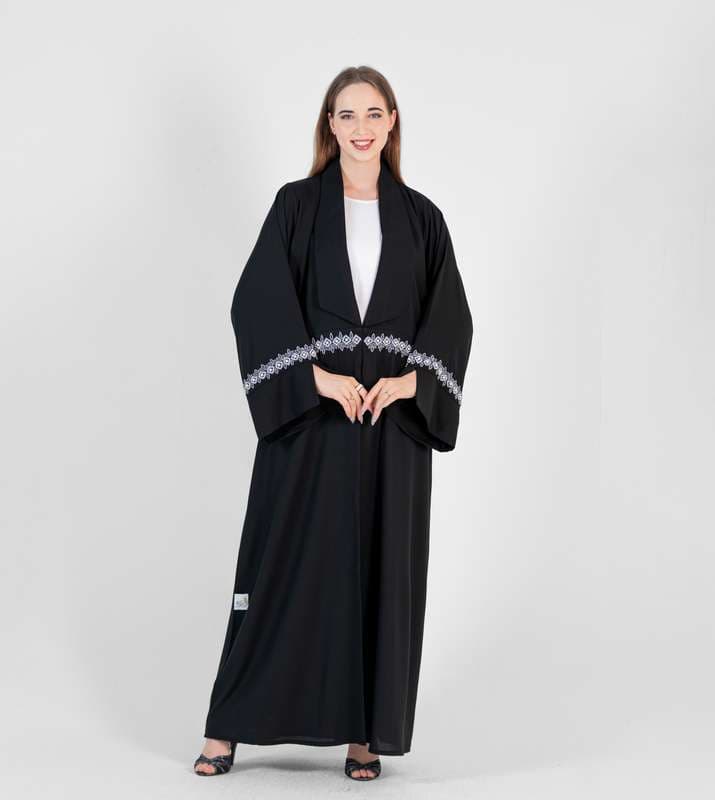 Black abaya with Big Neck with Blue & white hand embroidery with open sleeves