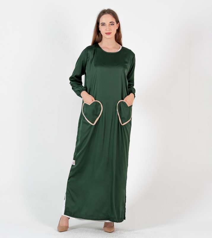 Green Abaya with Heart Pocket style with open side - Elastic Sleeves