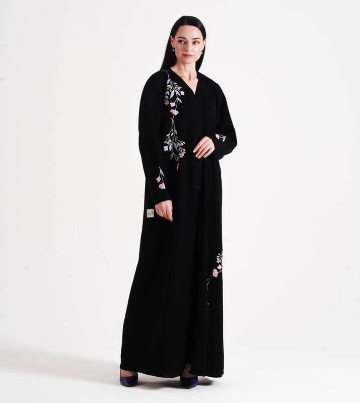 Open Abaya With Pink  Colors Embroidery Design