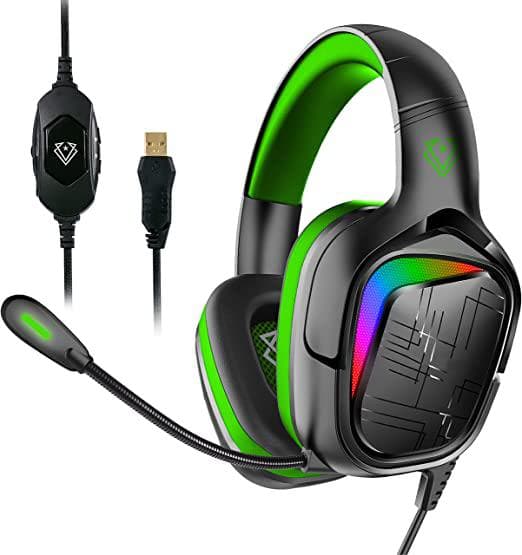 Vertux Miami High Definition Gaming Headset | 7.1 Surround Sound | Noise Reduction Earpads | Adjustable Headband | Volume Control Buttons | RGB LED Lighting | Over-Ear Wired Headphones- Green