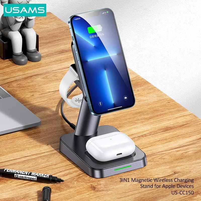 USAMS 3 In 1 Magnetic Wireless charging Stand compatible with Apple devices For iPhone Wireless Charging