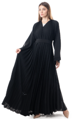 Black Pleated Abaya With Belt