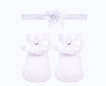 Baby"s Girl Headband & Sock Set White S- 0/6 M