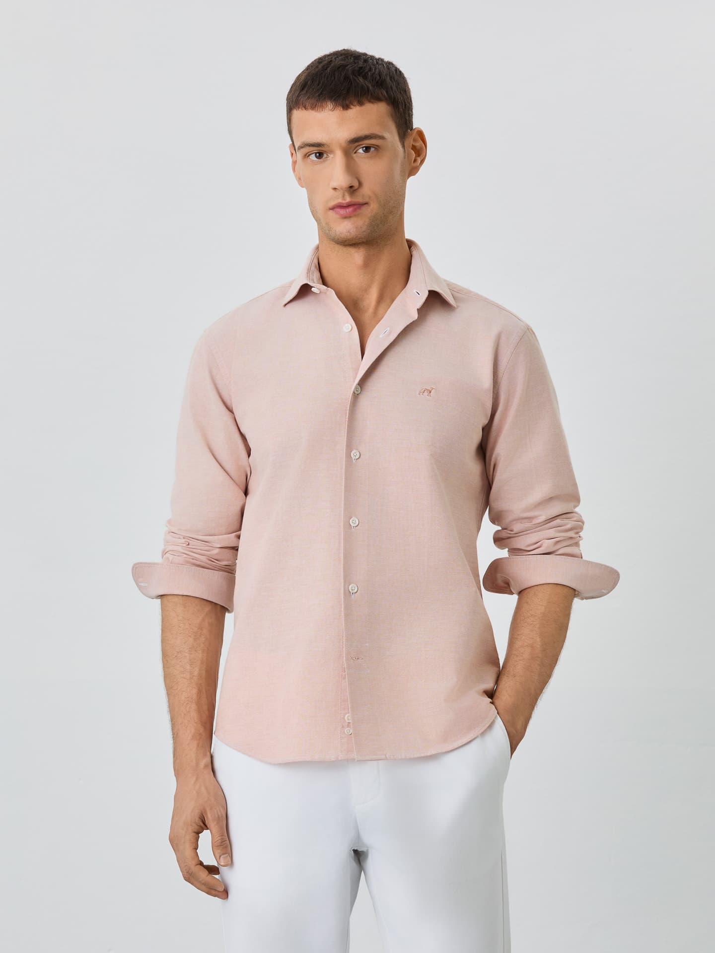 Slim Fit Shirt With Open Collar in Cotton-elastane Blend