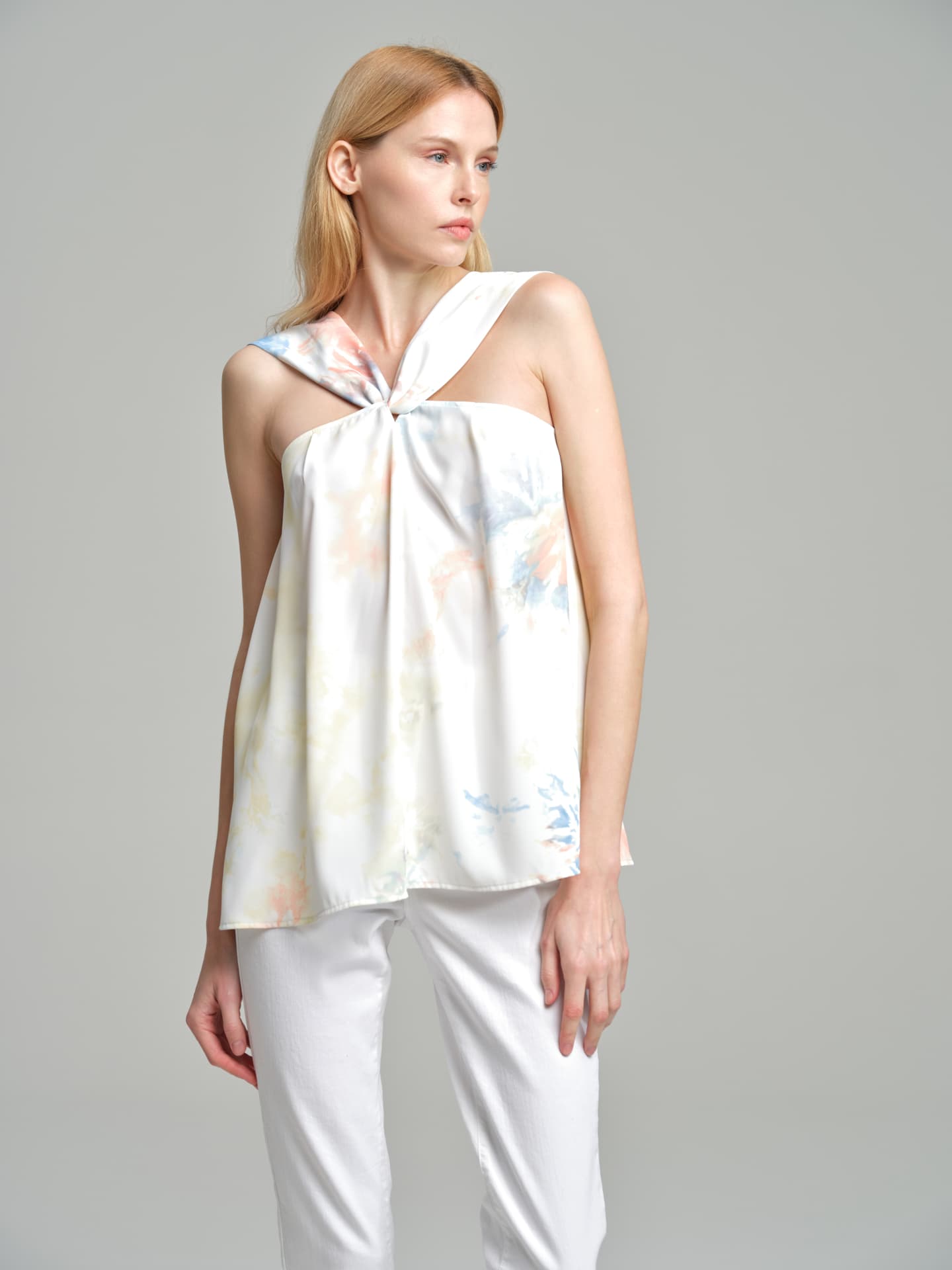 Watercolor printed top with twisted straps