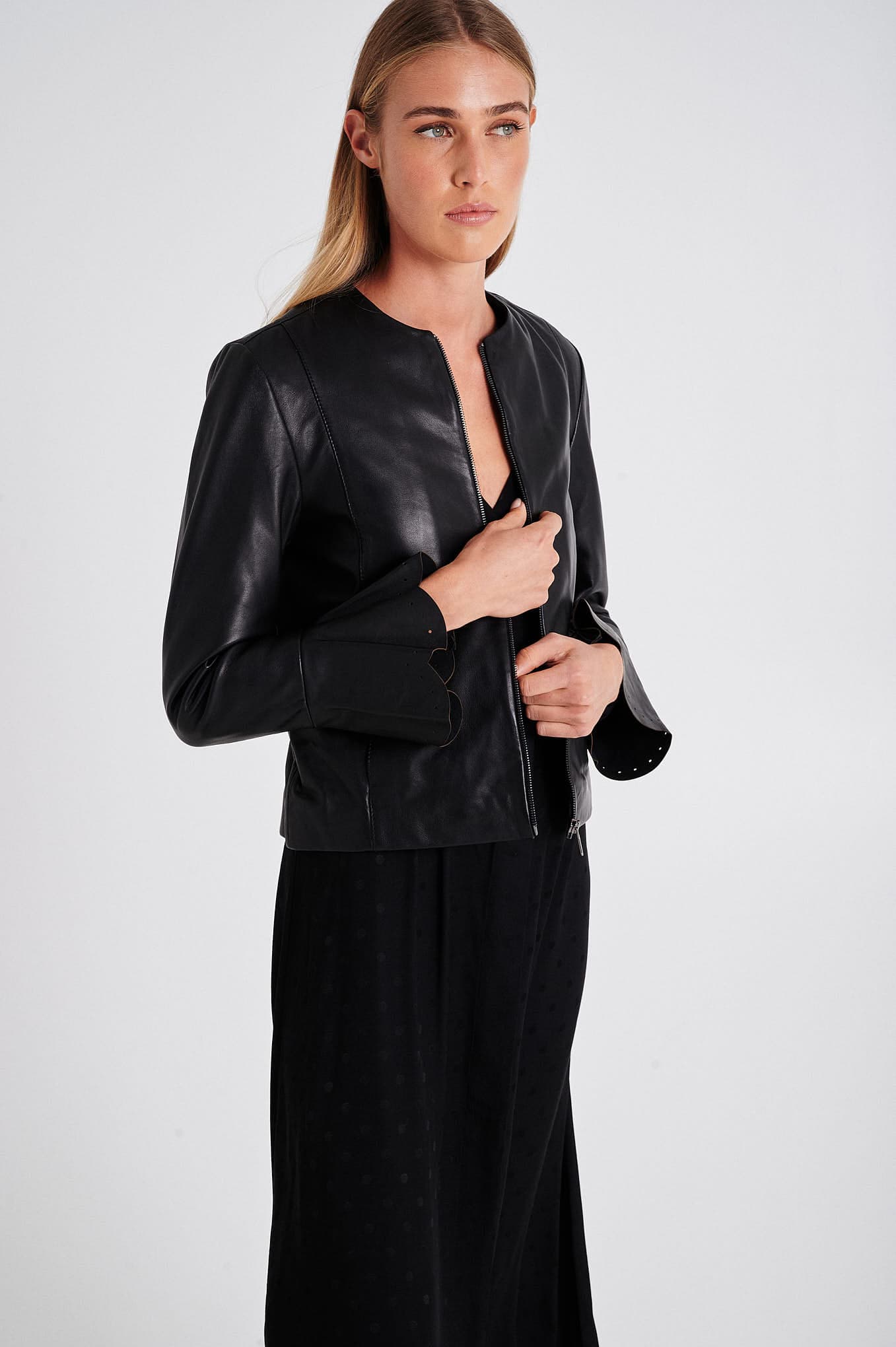 Peplum sleeves leather jacket