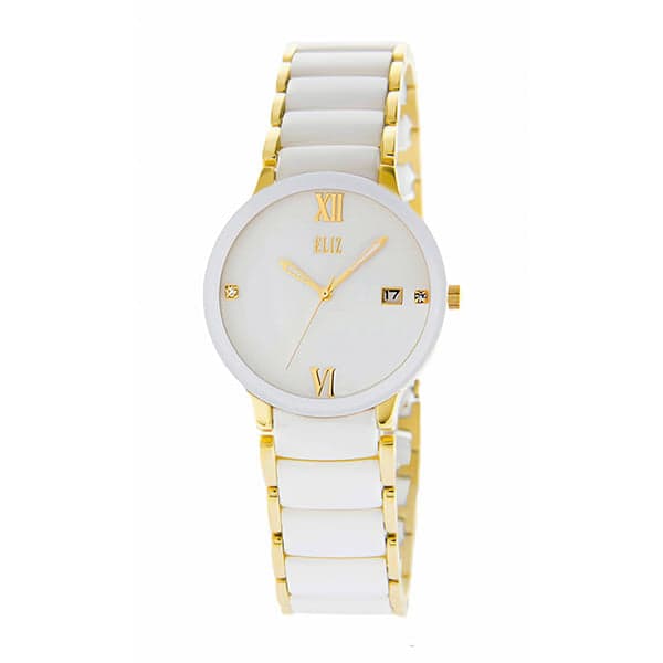 ELIZ Mahal ES8740L4GWW Gold SS Case and Ceramic Band Women"s Watch