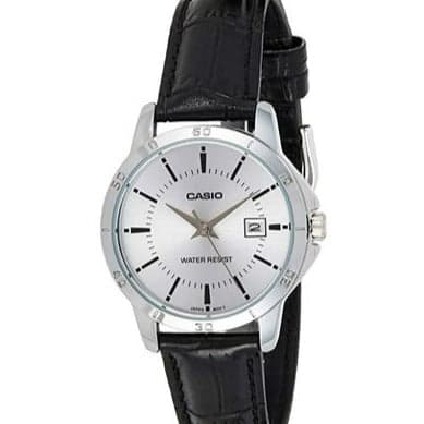 CASIO LTP-V004L-7AUDF Silver Plated Case Black Leather Women"s Watch