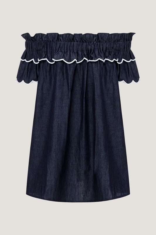 Girls Sossi Denim Off Shoulder Ruffle Dress