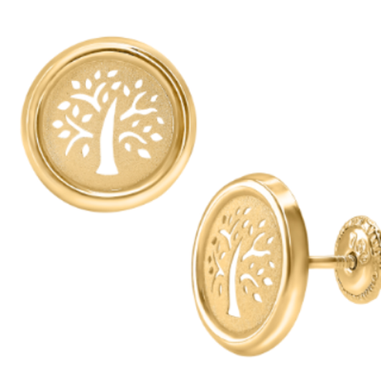CIRCLE LIFE TREE PATTERN 18K YELLOW GOLD EARRING -108205 Yellow Gold